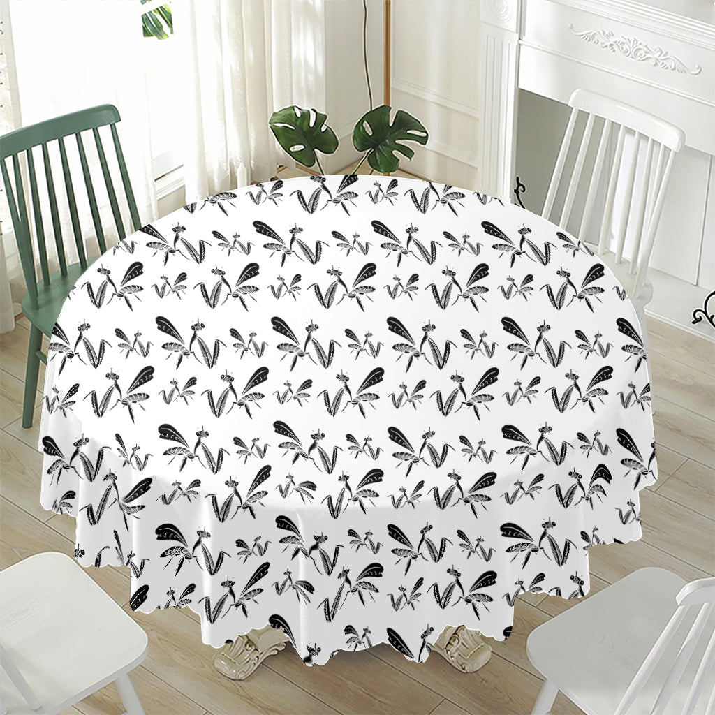 White And Black Mantis Pattern Print Waterproof Round Tablecloth