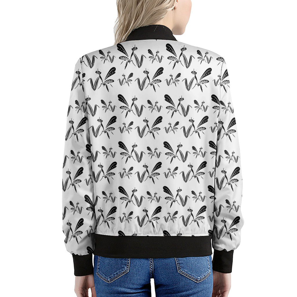 White And Black Mantis Pattern Print Women's Bomber Jacket