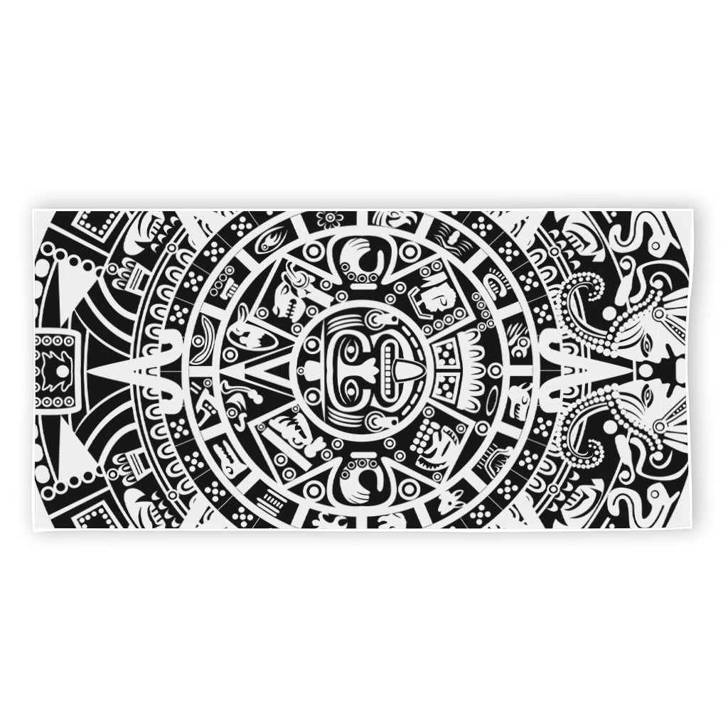 White And Black Maya Calendar Print Beach Towel