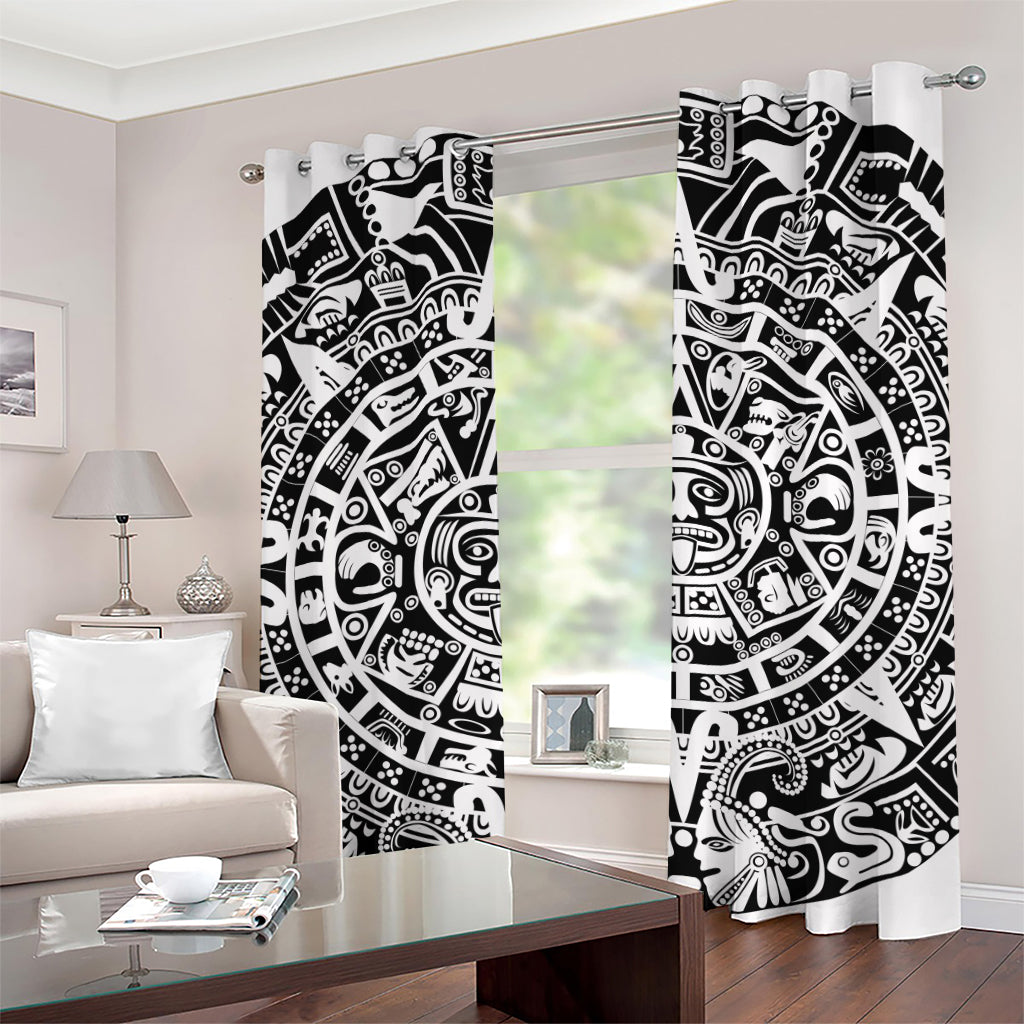 White And Black Maya Calendar Print Grommet Curtains