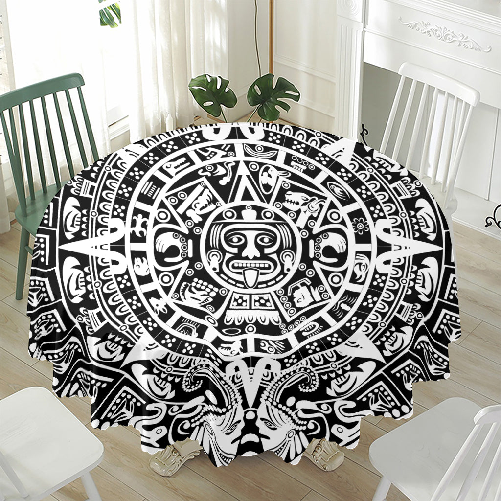 White And Black Maya Calendar Print Waterproof Round Tablecloth