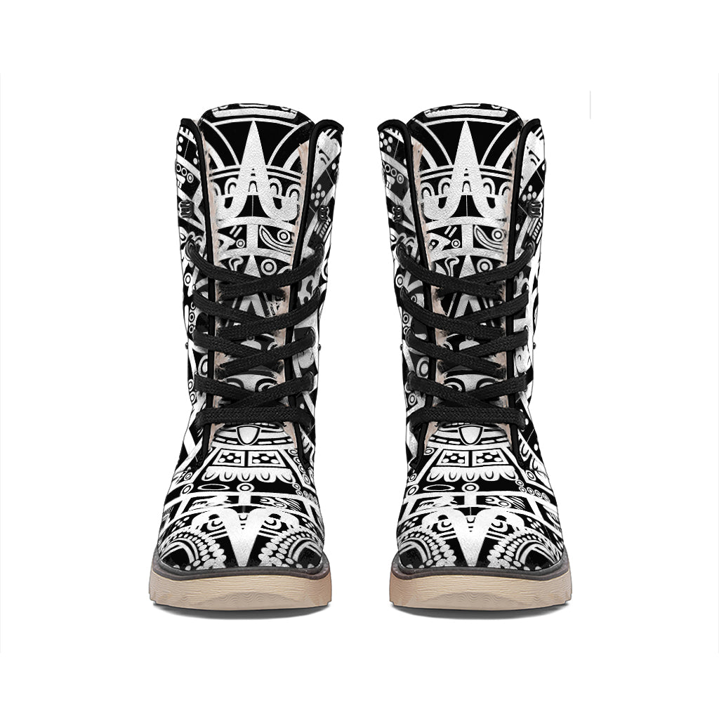 White And Black Maya Calendar Print Winter Boots