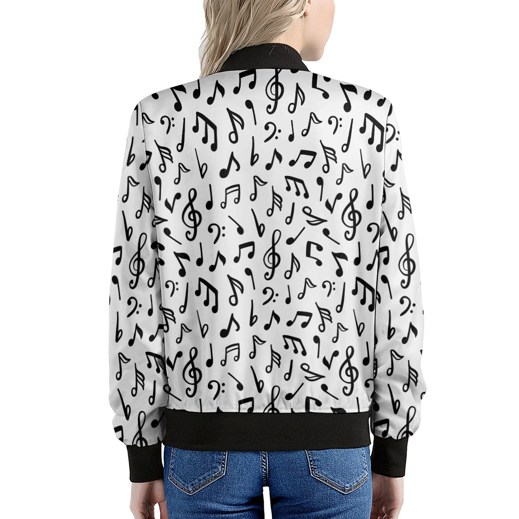 White And Black Music Note Pattern Print Women's Bomber Jacket