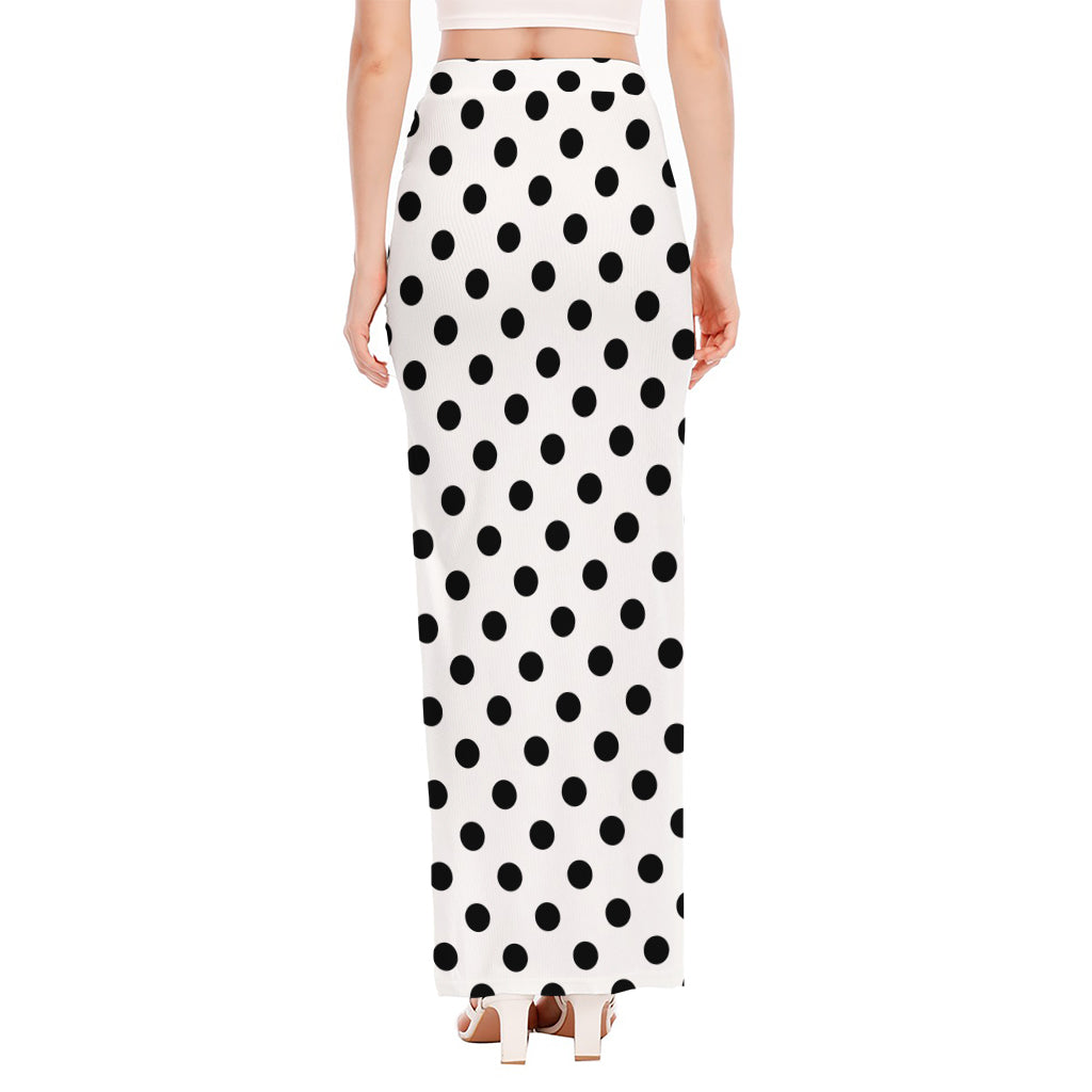 White And Black Polka Dot Pattern Print High Slit Maxi Skirt