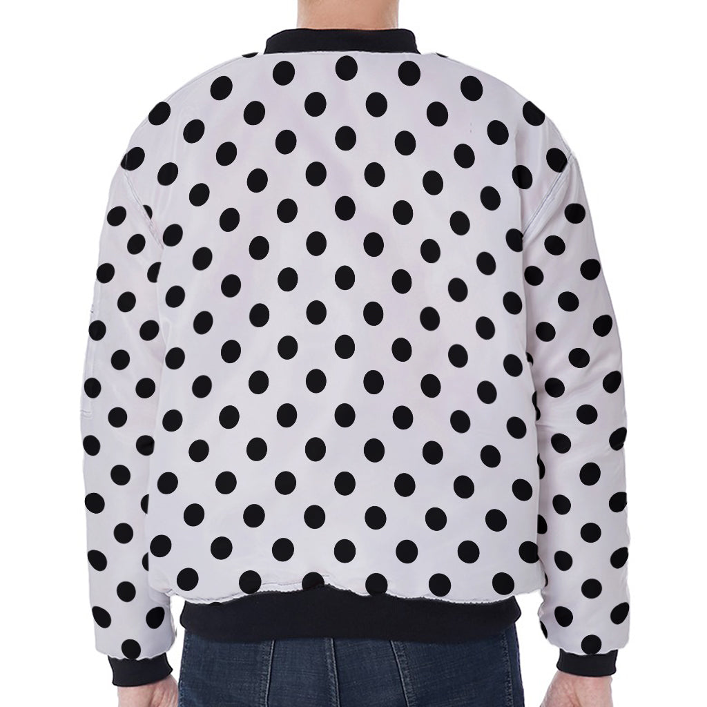 White And Black Polka Dot Pattern Print Zip Sleeve Bomber Jacket