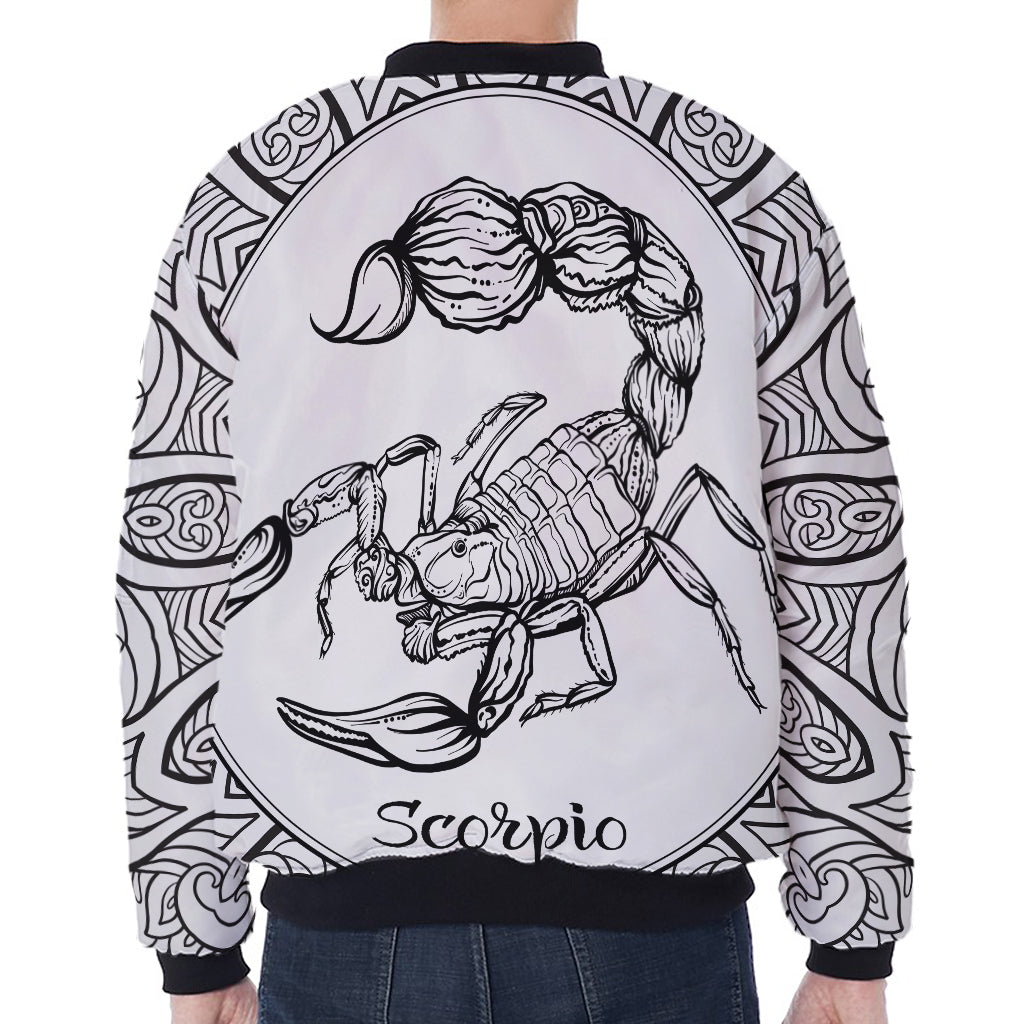 White And Black Scorpio Sign Print Zip Sleeve Bomber Jacket