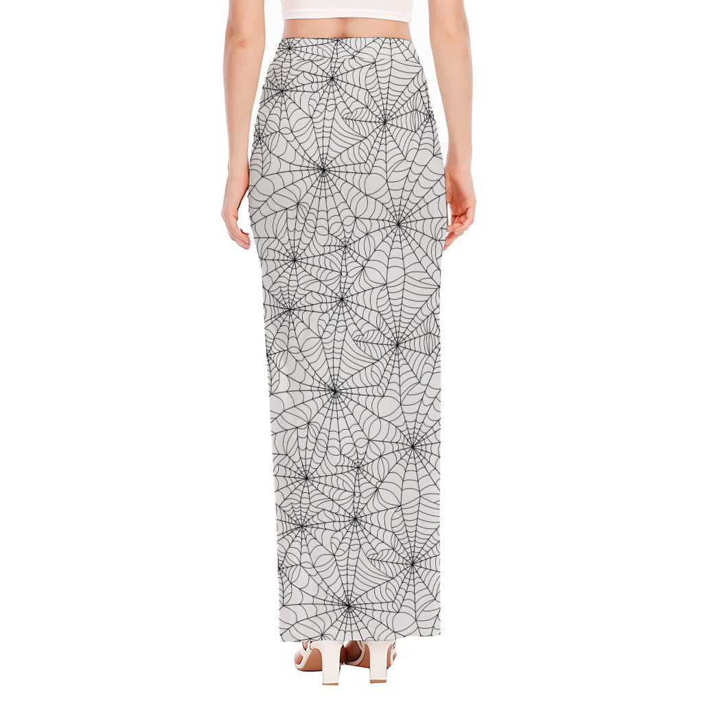 White And Black Spider Web Pattern Print High Slit Maxi Skirt