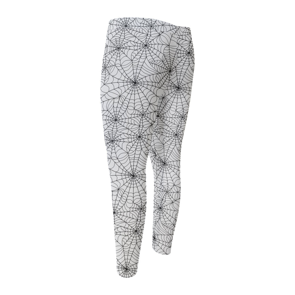White And Black Spider Web Pattern Print Men's Compression Pants