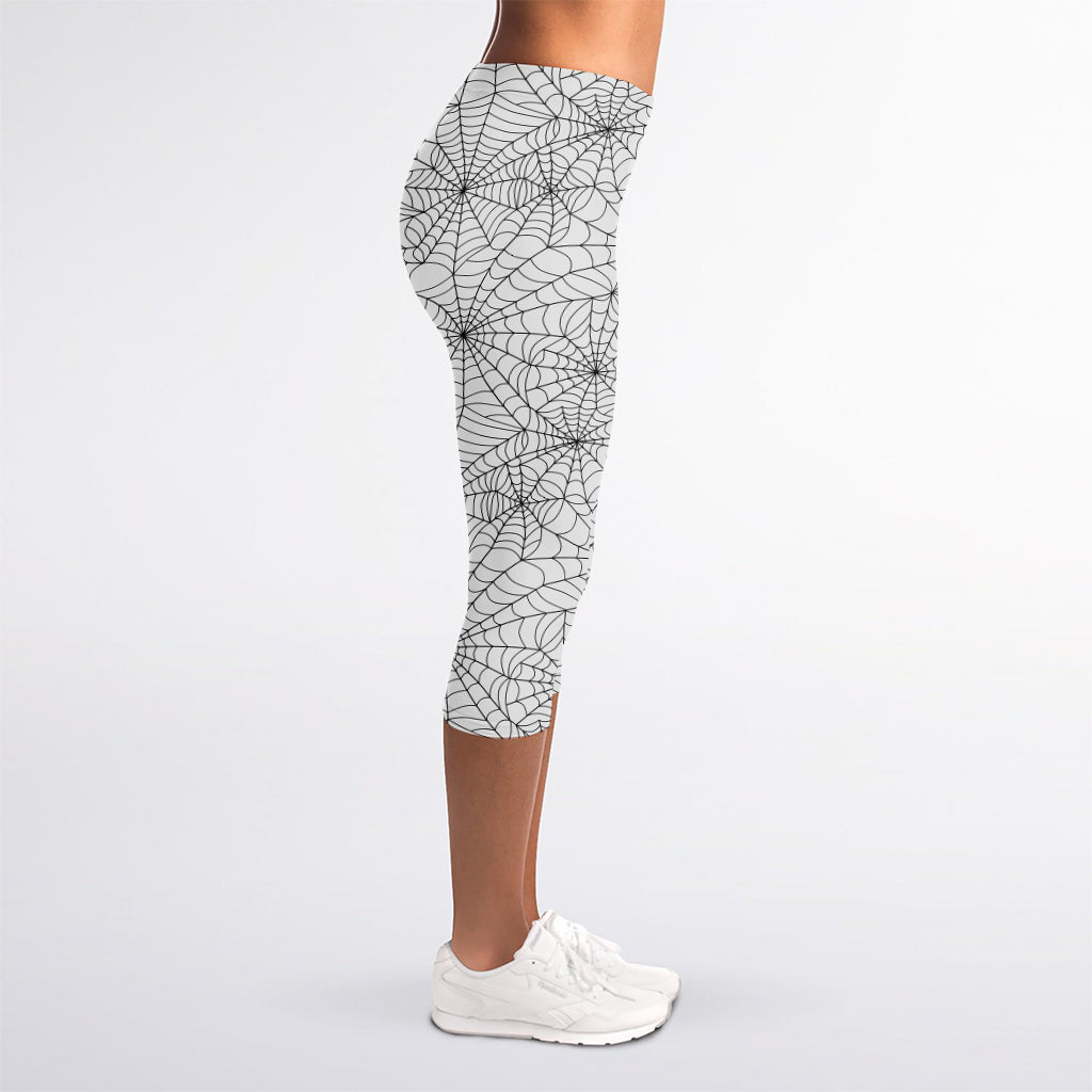 White And Black Spider Web Pattern Print Women's Capri Leggings