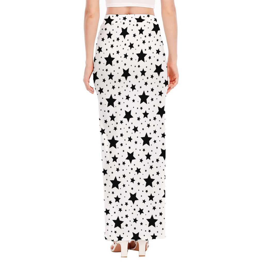 White And Black Star Pattern Print High Slit Maxi Skirt