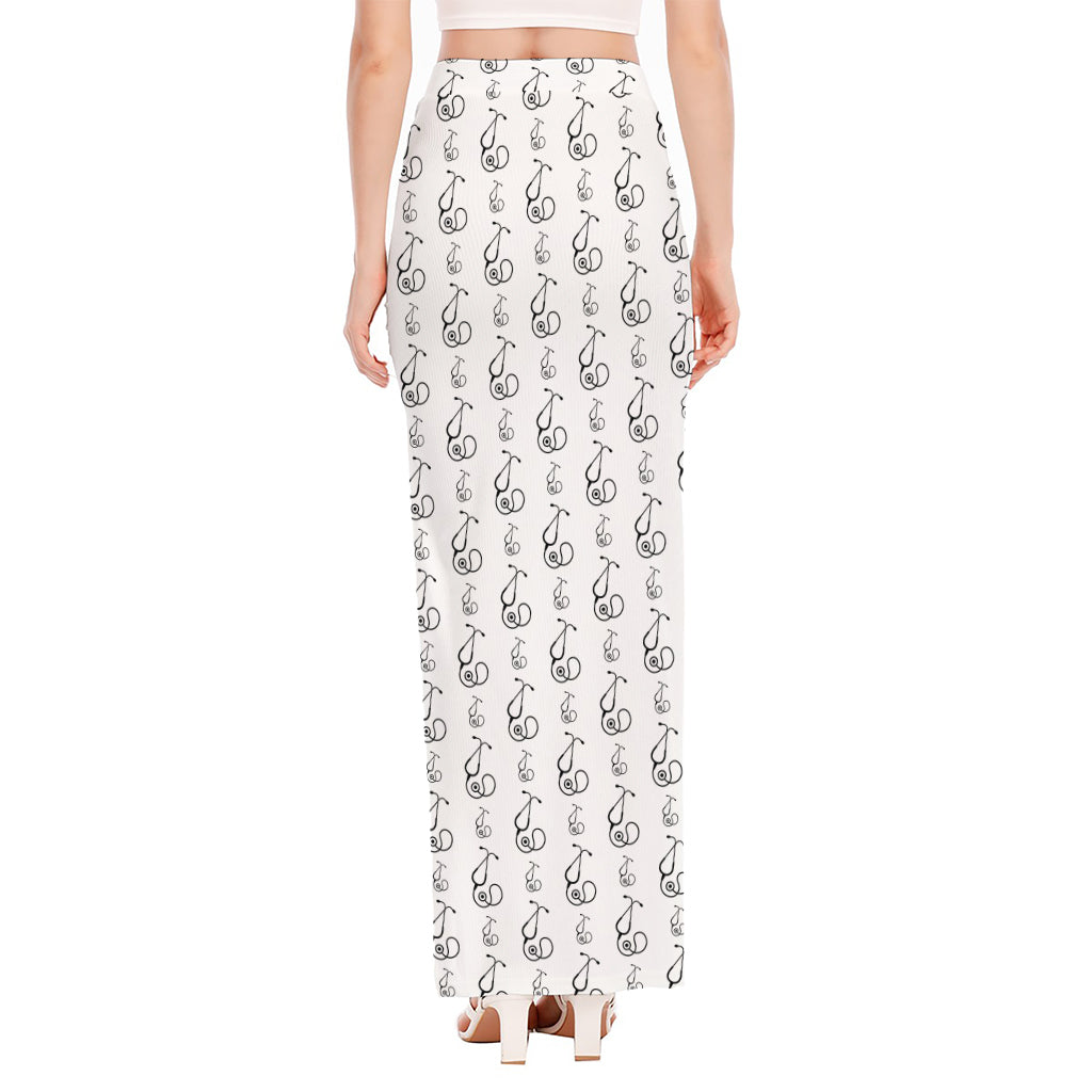 White And Black Stethoscope Print High Slit Maxi Skirt