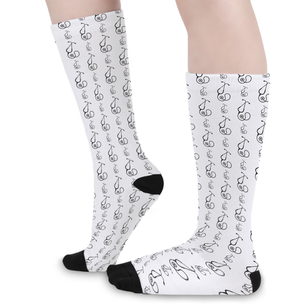 White And Black Stethoscope Print Long Socks