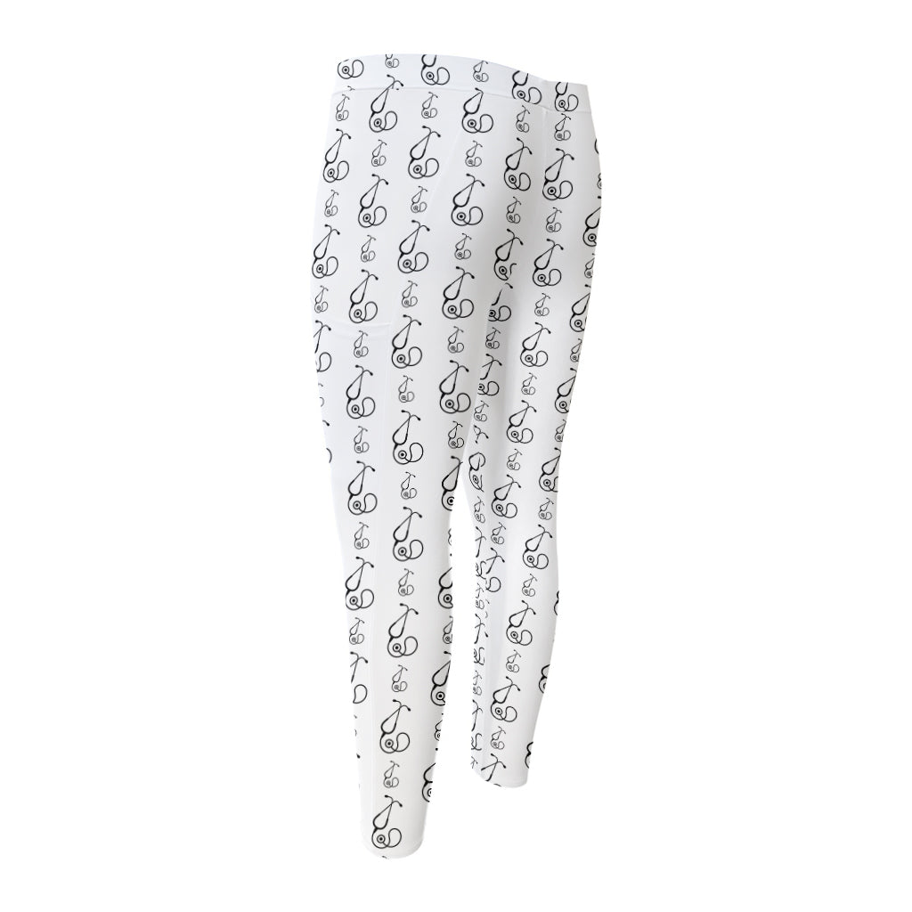 White And Black Stethoscope Print Men's Compression Pants
