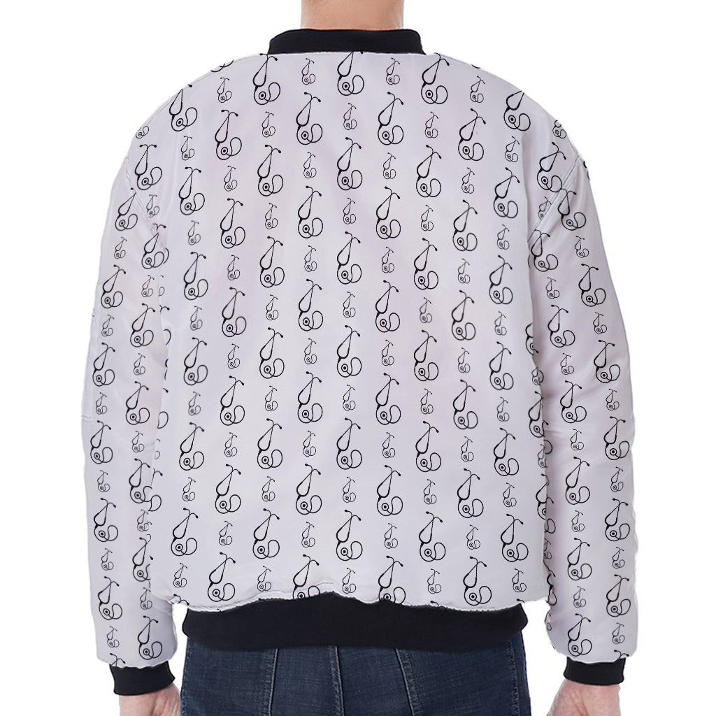 White And Black Stethoscope Print Zip Sleeve Bomber Jacket