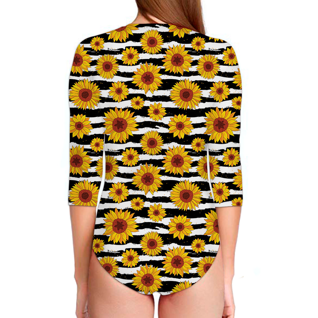 White And Black Stripe Sunflower Print Long Sleeve Swimsuit