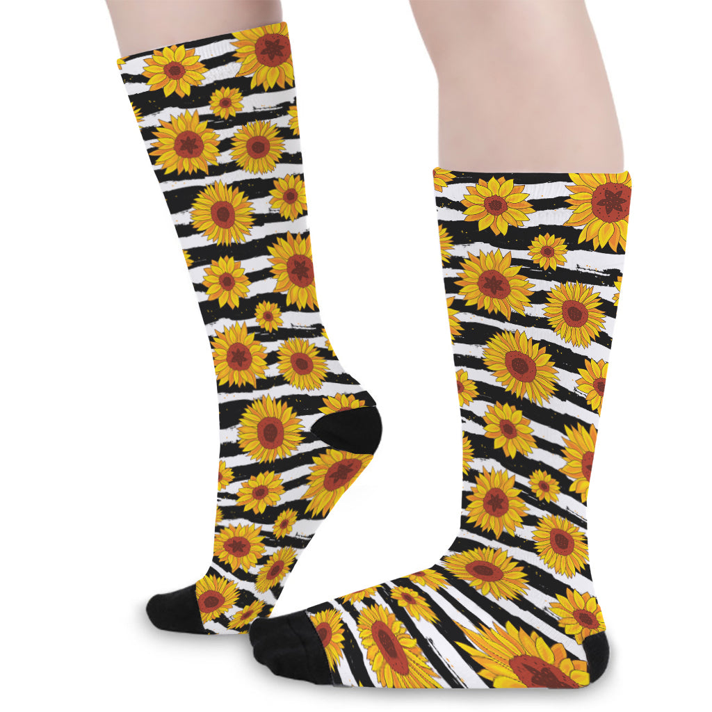 White And Black Stripe Sunflower Print Long Socks