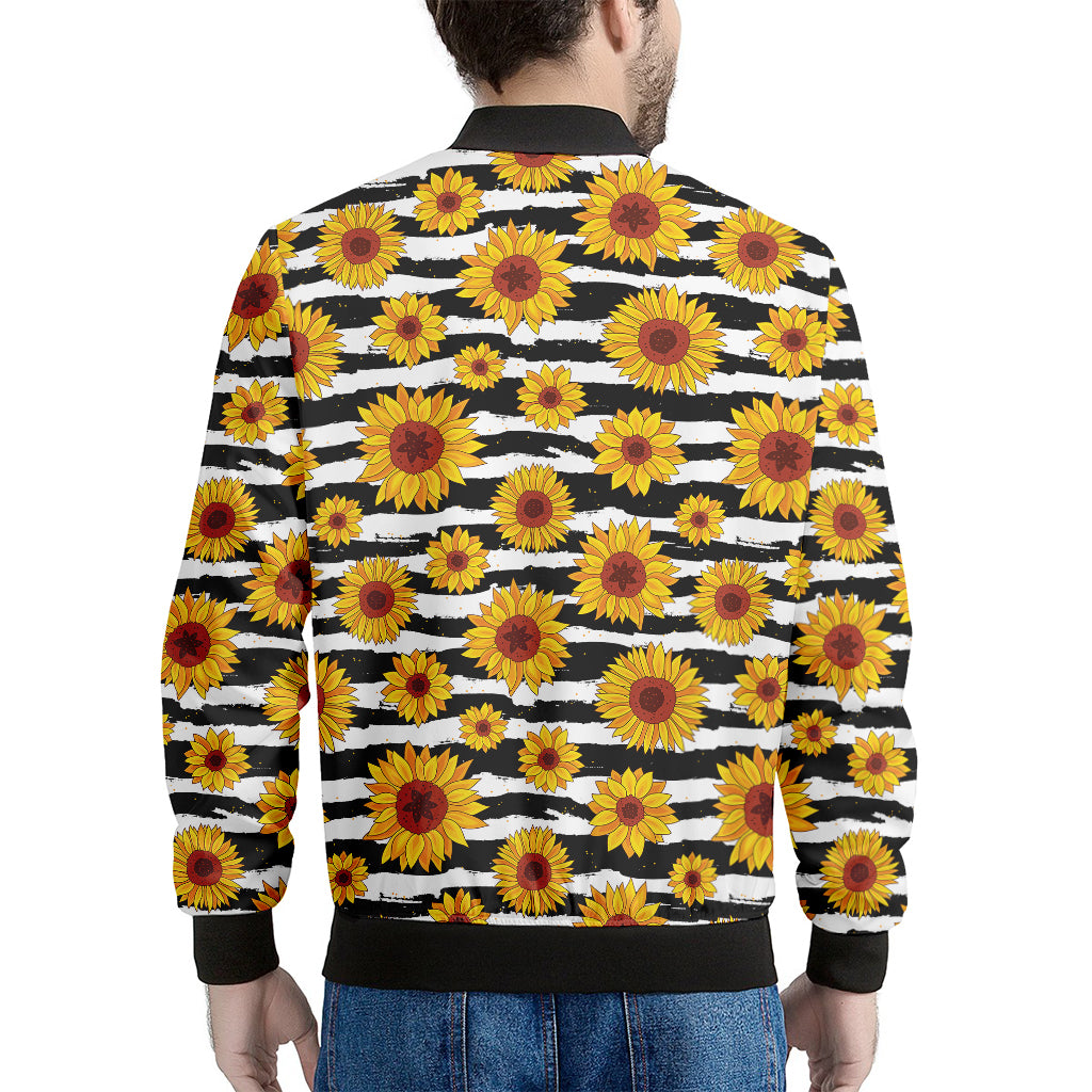 White And Black Stripe Sunflower Print Men's Bomber Jacket