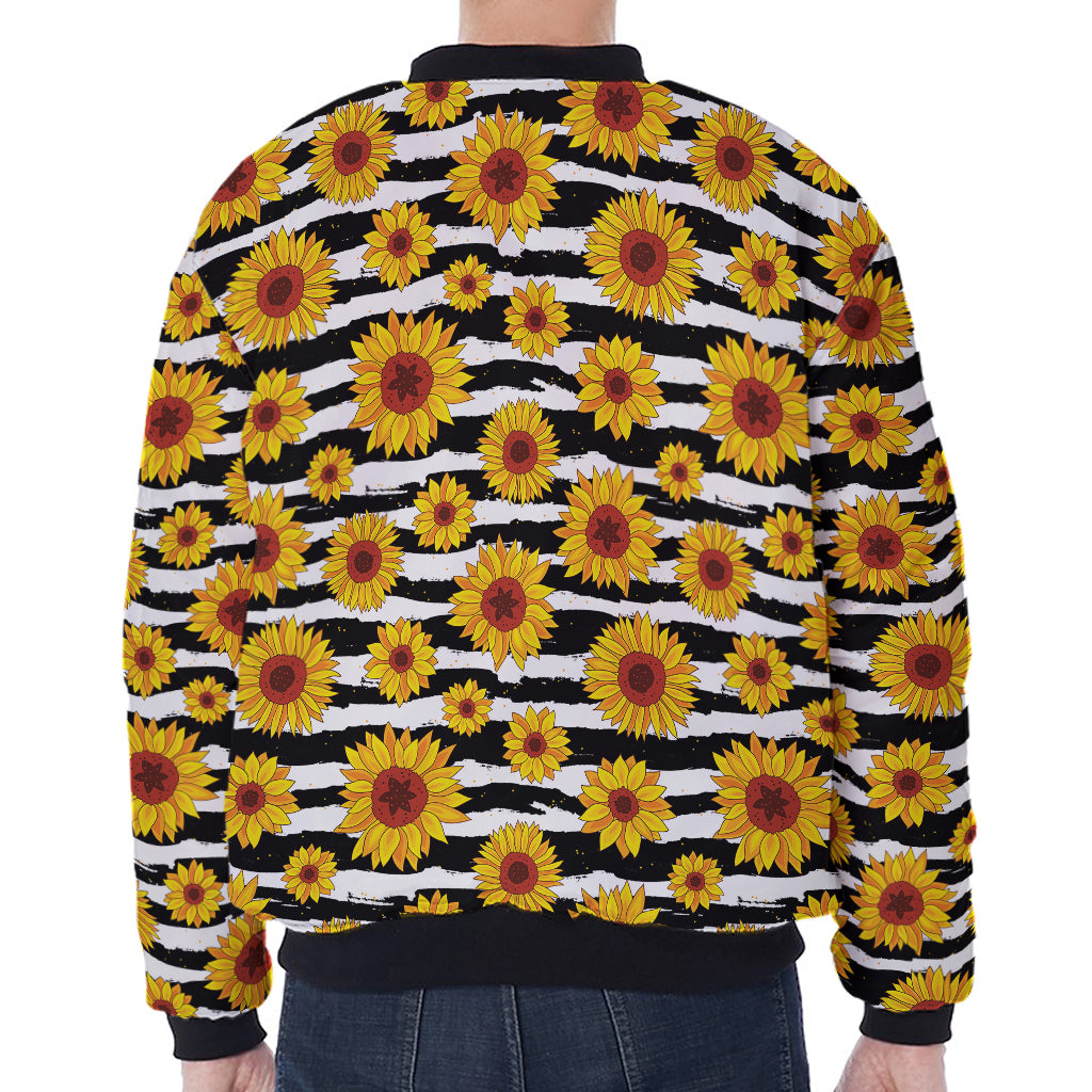 White And Black Stripe Sunflower Print Zip Sleeve Bomber Jacket
