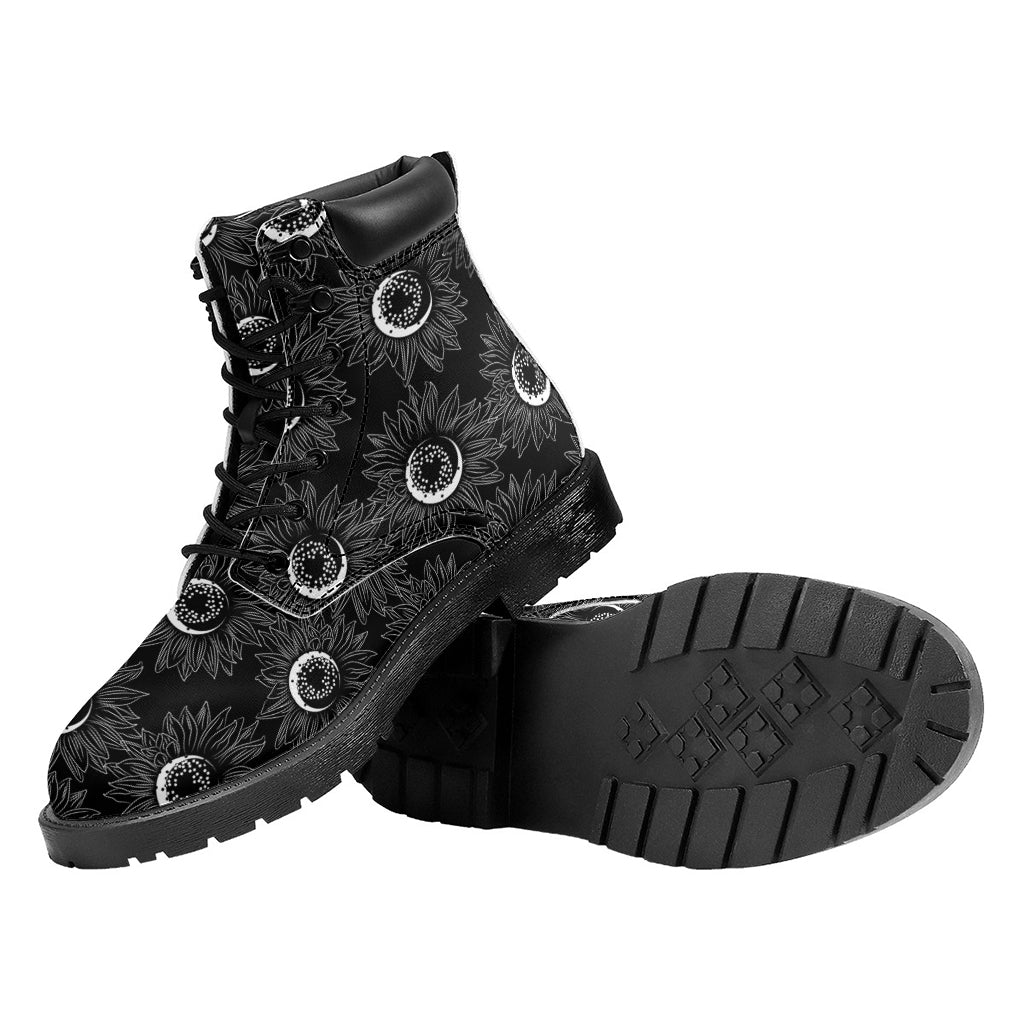White And Black Sunflower Pattern Print Work Boots