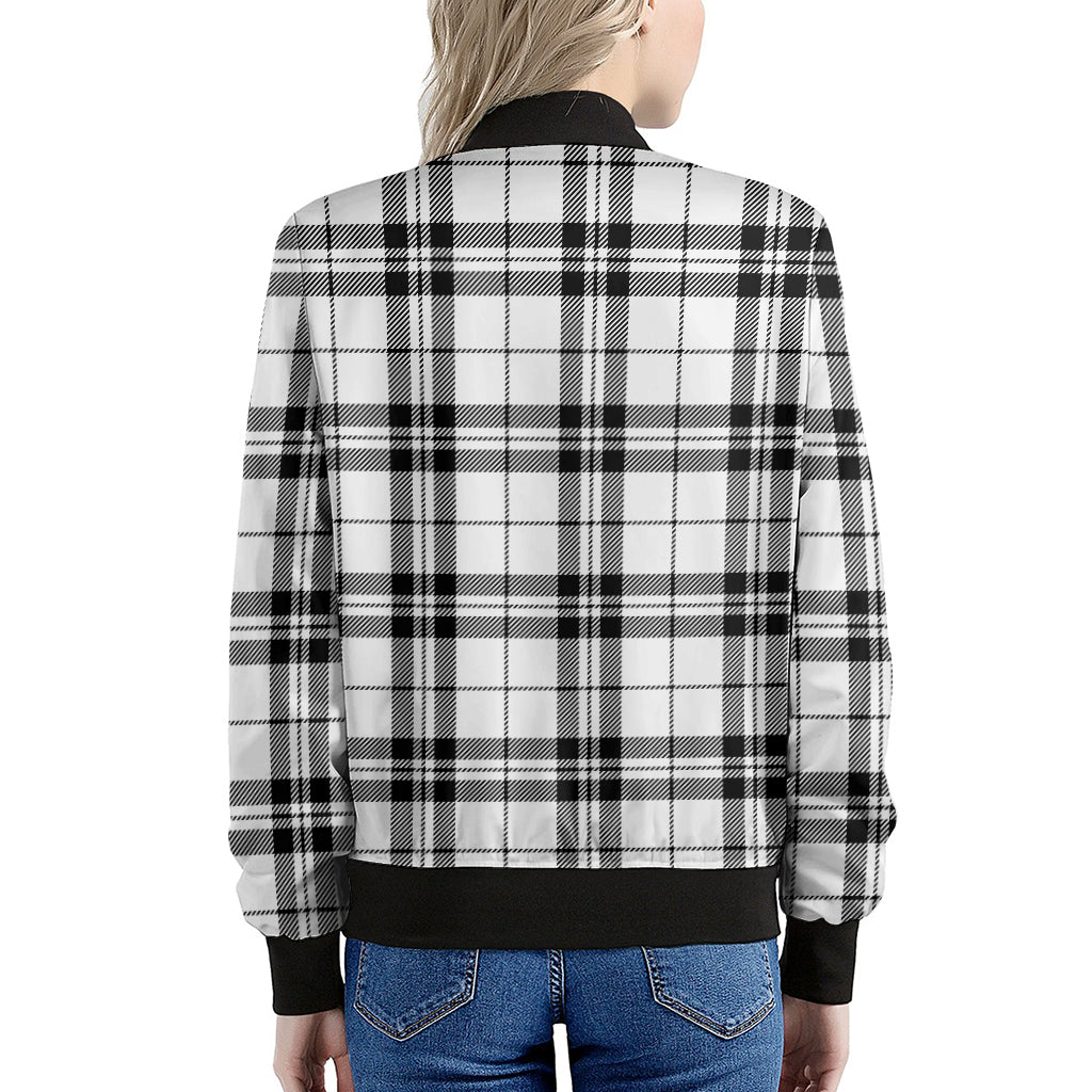 White And Black Tartan Pattern Print Women's Bomber Jacket