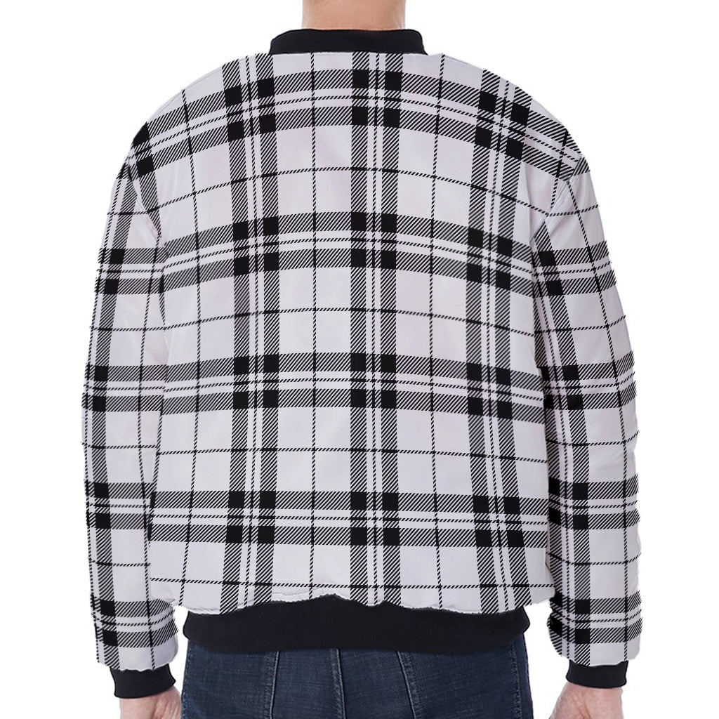 White And Black Tartan Pattern Print Zip Sleeve Bomber Jacket