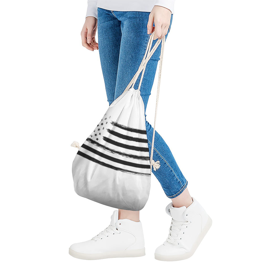 White And Black USA Flag Print Drawstring Bag