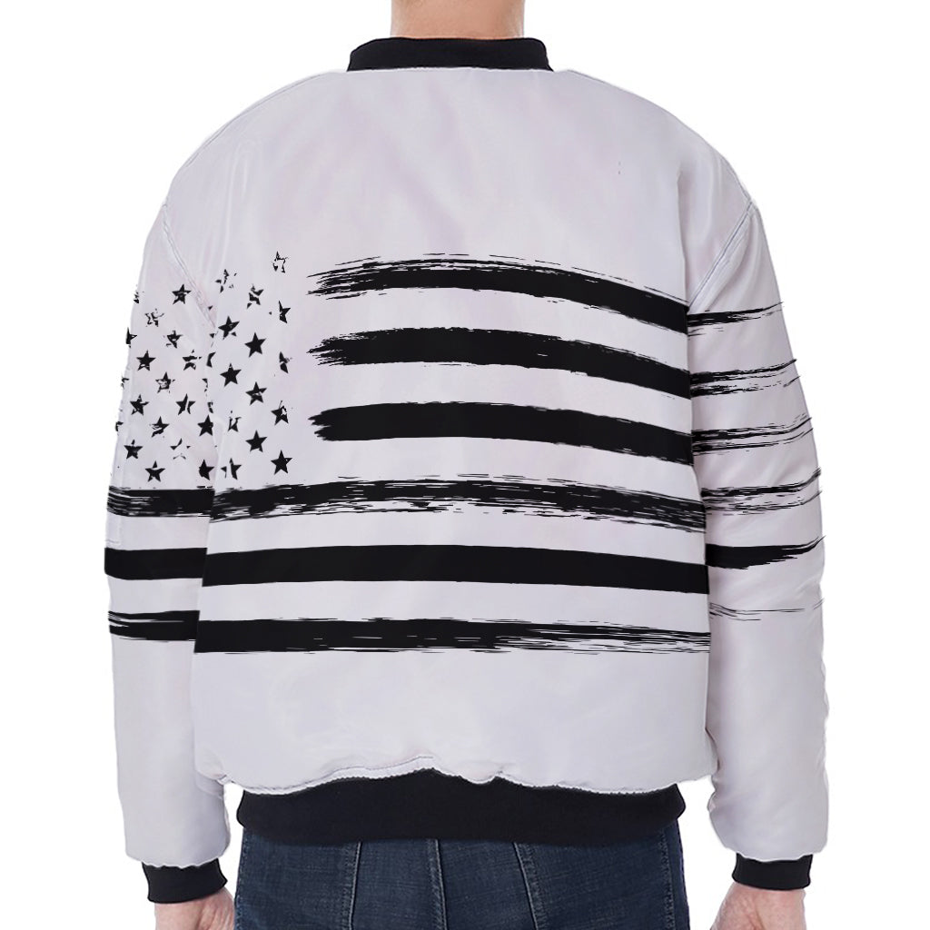 White And Black USA Flag Print Zip Sleeve Bomber Jacket