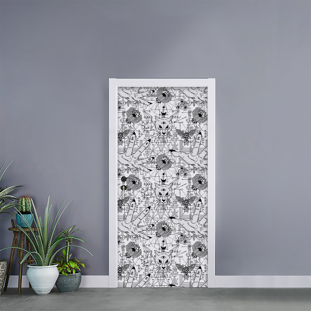 White And Black Wicca Magical Print Door Sticker