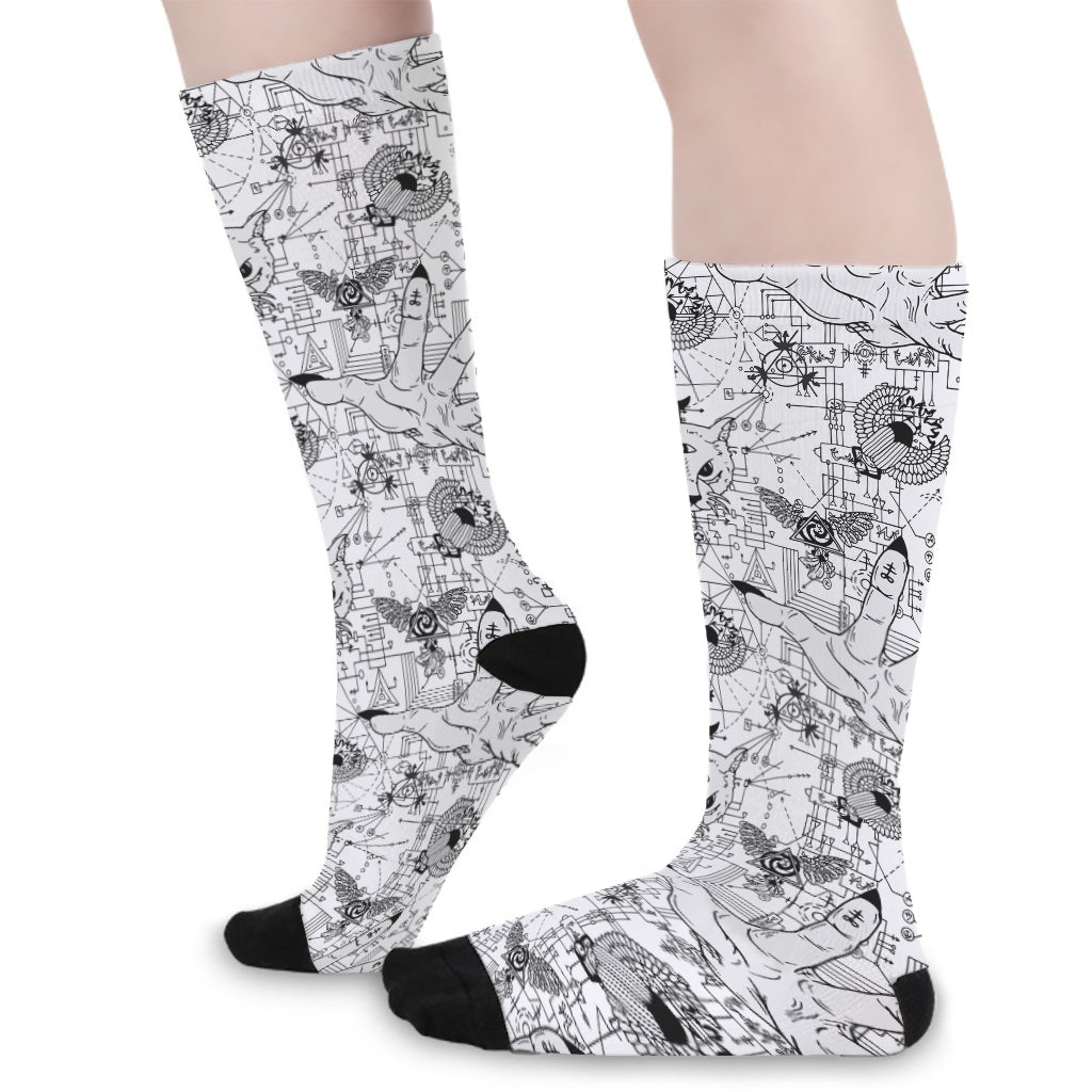White And Black Wicca Magical Print Long Socks