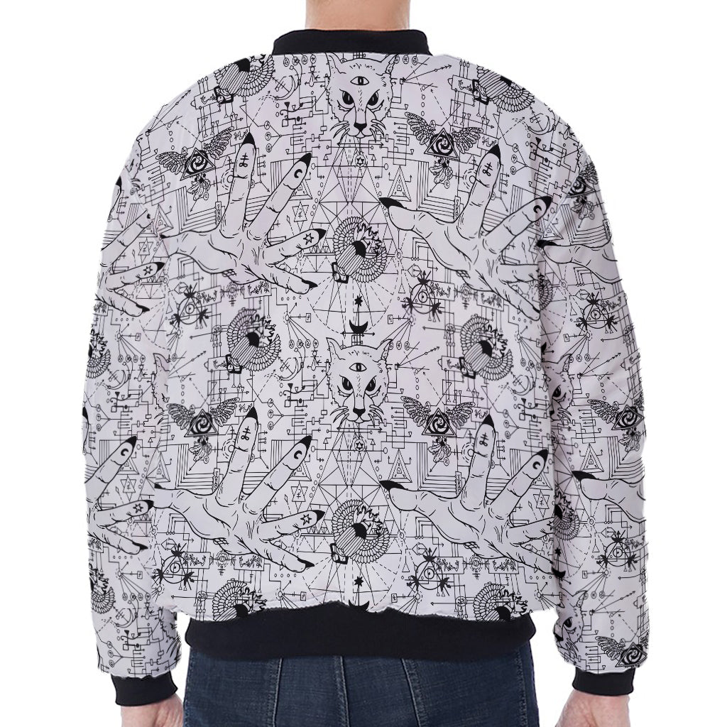 White And Black Wicca Magical Print Zip Sleeve Bomber Jacket