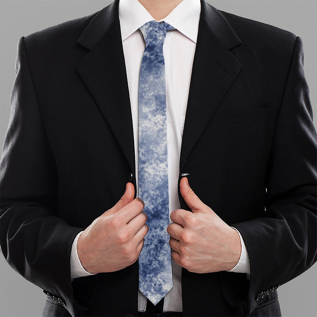 White And Blue Acid Wash Tie Dye Print Necktie