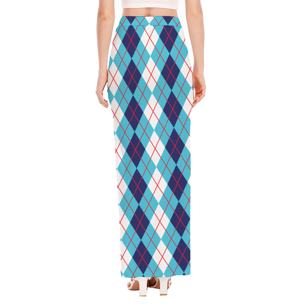 White And Blue Argyle Pattern Print High Slit Maxi Skirt