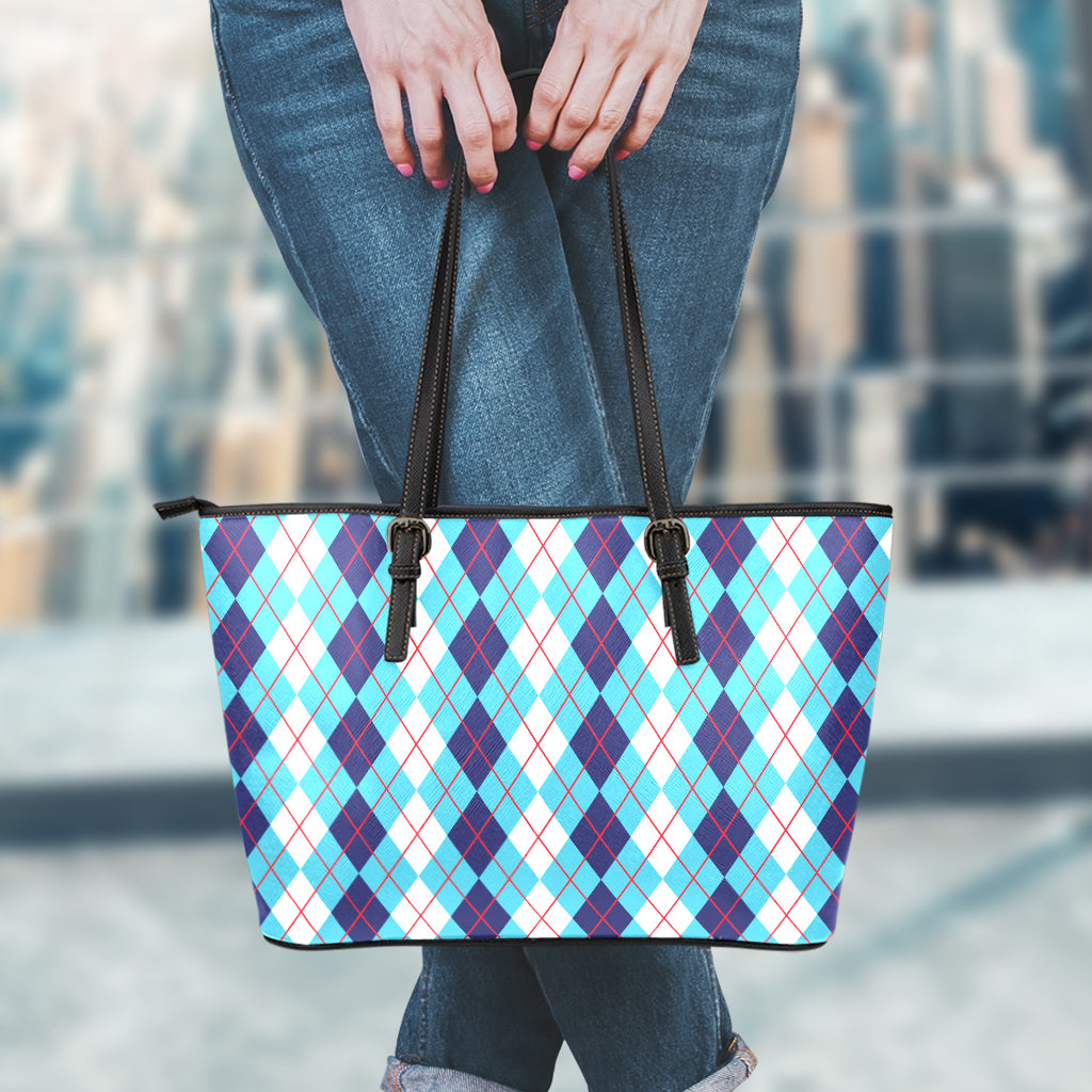 White And Blue Argyle Pattern Print Leather Tote Bag