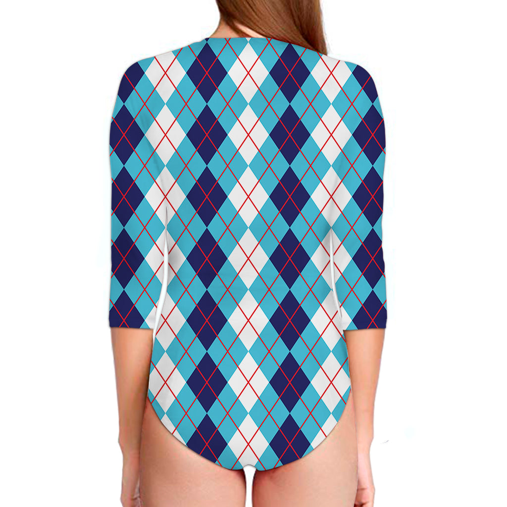 White And Blue Argyle Pattern Print Long Sleeve Swimsuit