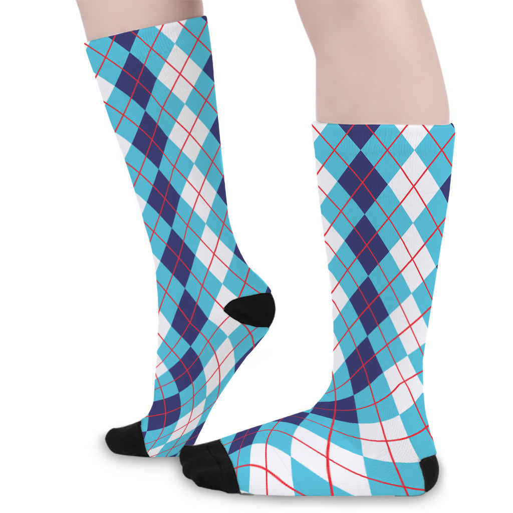 White And Blue Argyle Pattern Print Long Socks