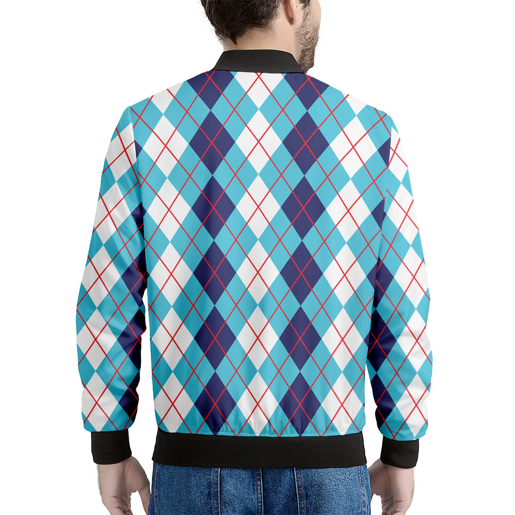 White And Blue Argyle Pattern Print Men's Bomber Jacket