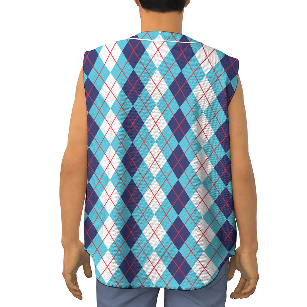 White And Blue Argyle Pattern Print Sleeveless Baseball Jersey
