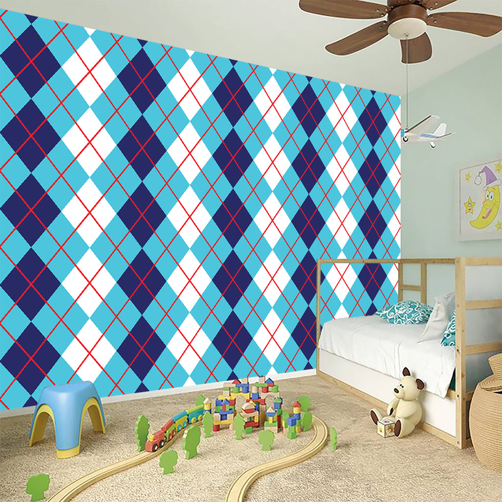 White And Blue Argyle Pattern Print Wall Sticker