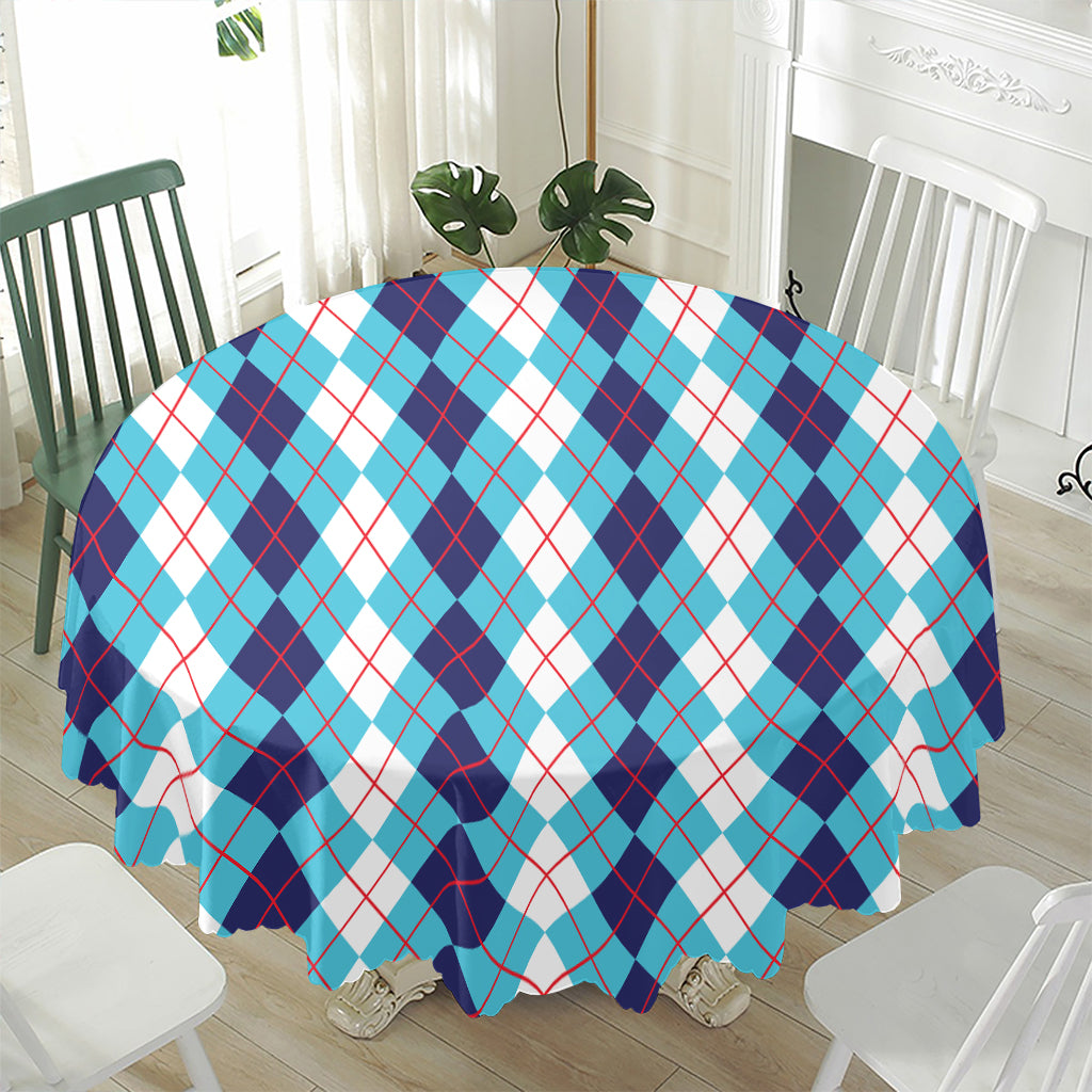 White And Blue Argyle Pattern Print Waterproof Round Tablecloth