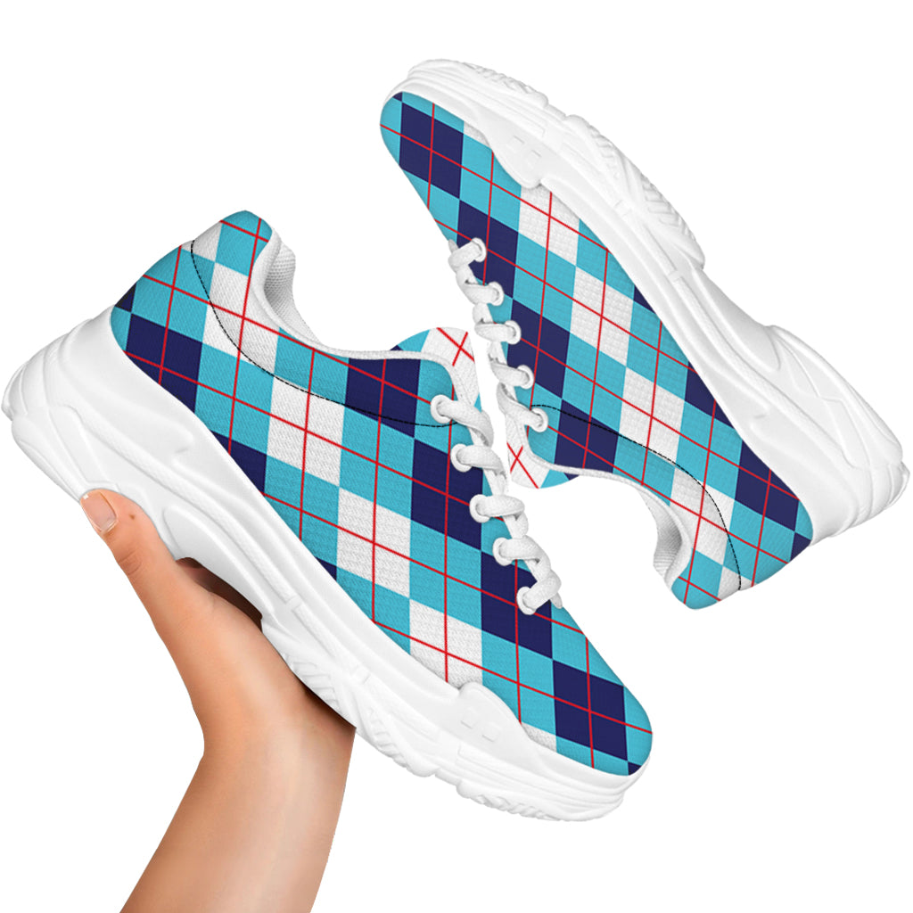 White And Blue Argyle Pattern Print White Chunky Shoes