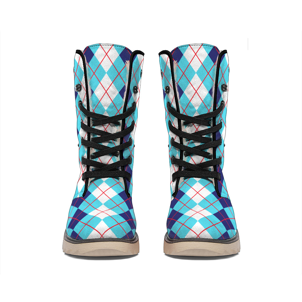 White And Blue Argyle Pattern Print Winter Boots
