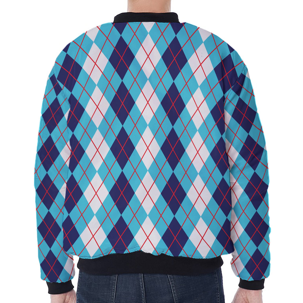 White And Blue Argyle Pattern Print Zip Sleeve Bomber Jacket