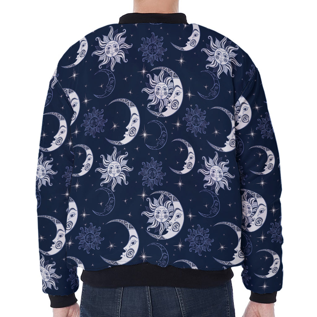 White And Blue Celestial Pattern Print Zip Sleeve Bomber Jacket