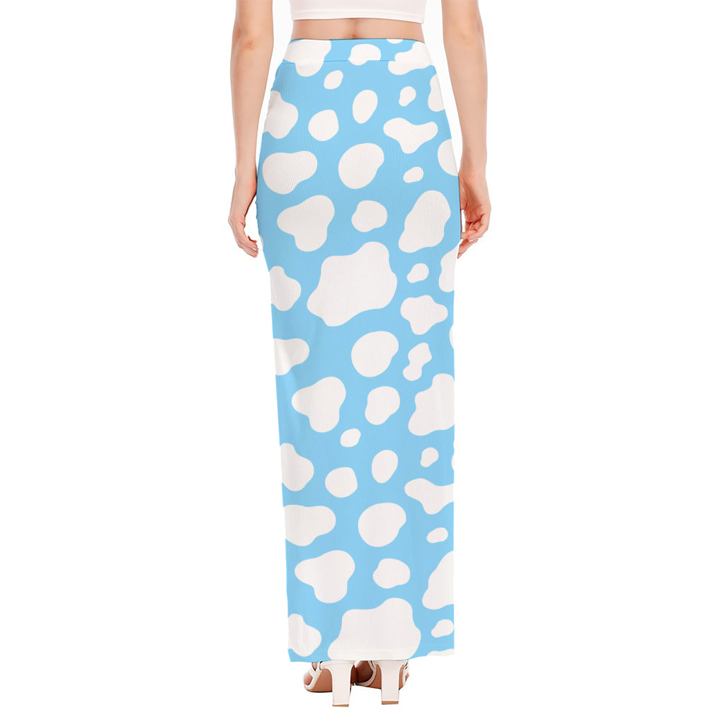 White And Blue Cow Print High Slit Maxi Skirt