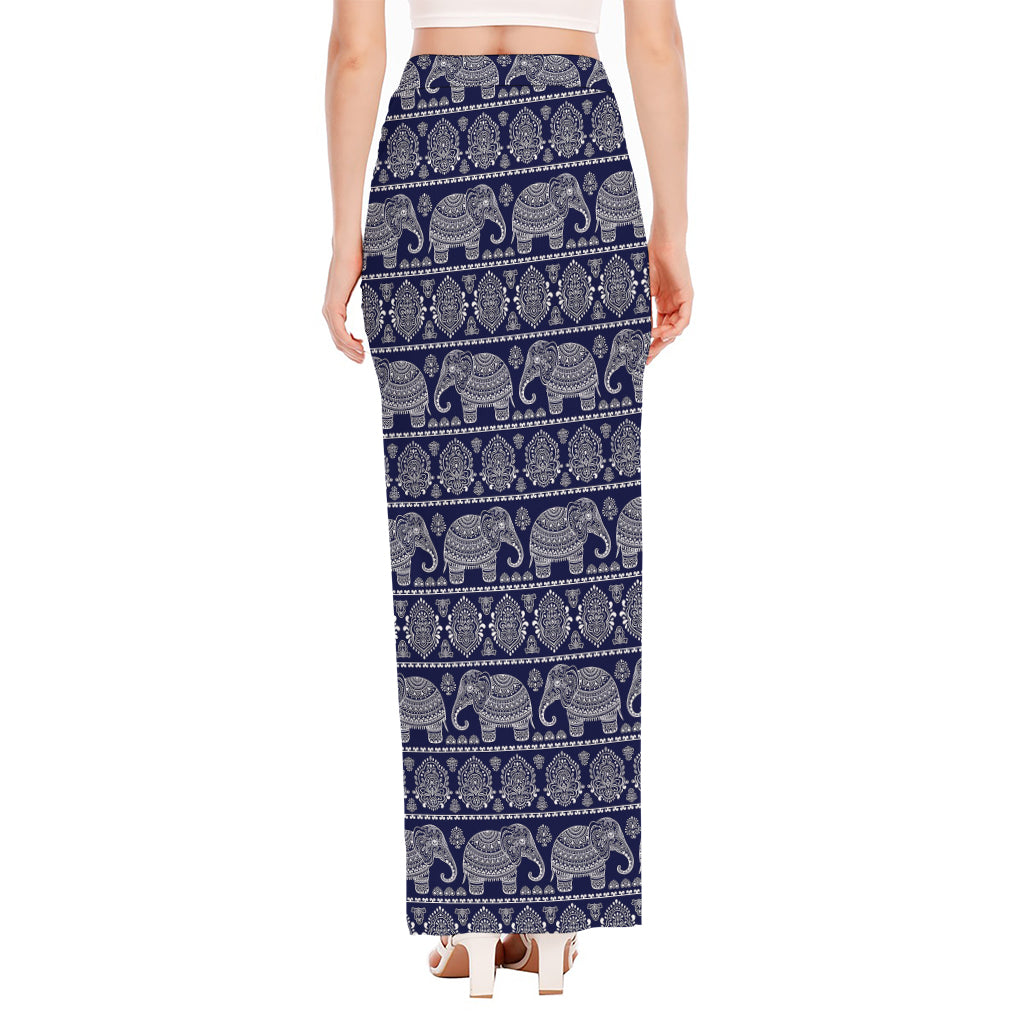 White And Blue Indian Elephant Print High Slit Maxi Skirt