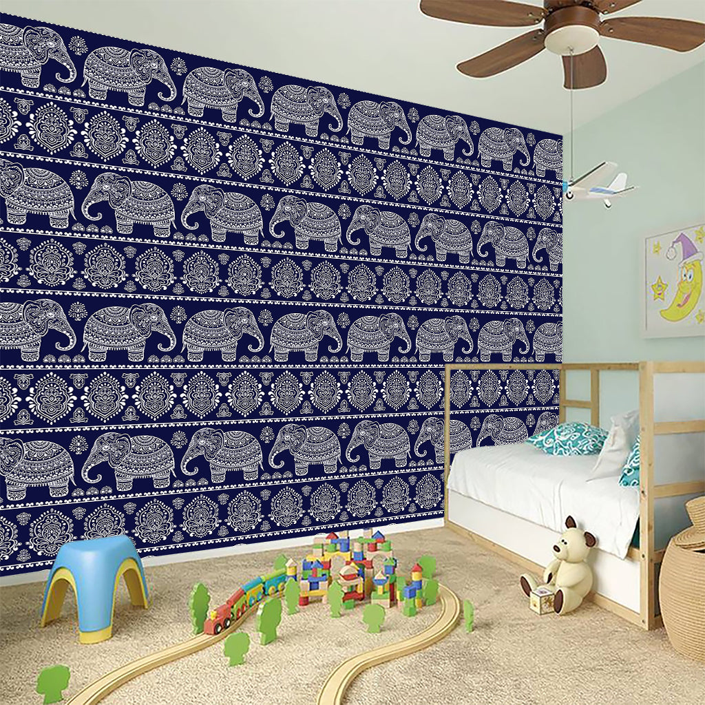 White And Blue Indian Elephant Print Wall Sticker