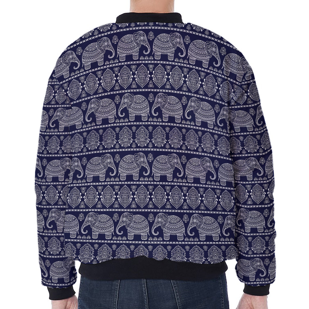 White And Blue Indian Elephant Print Zip Sleeve Bomber Jacket