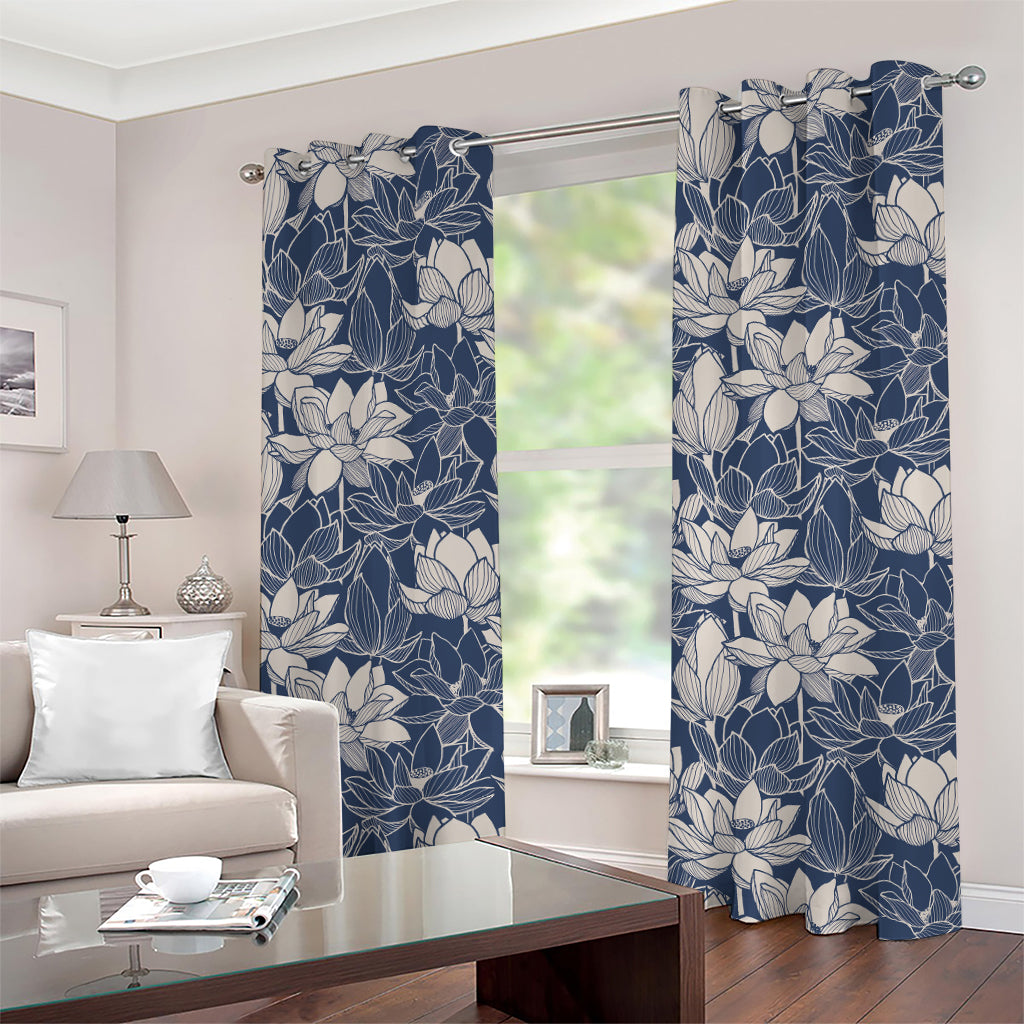 White And Blue Lotus Flower Print Grommet Curtains