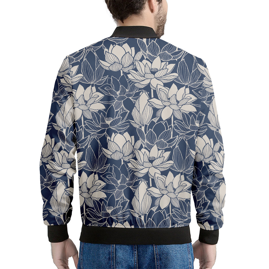 White And Blue Lotus Flower Print Men's Bomber Jacket