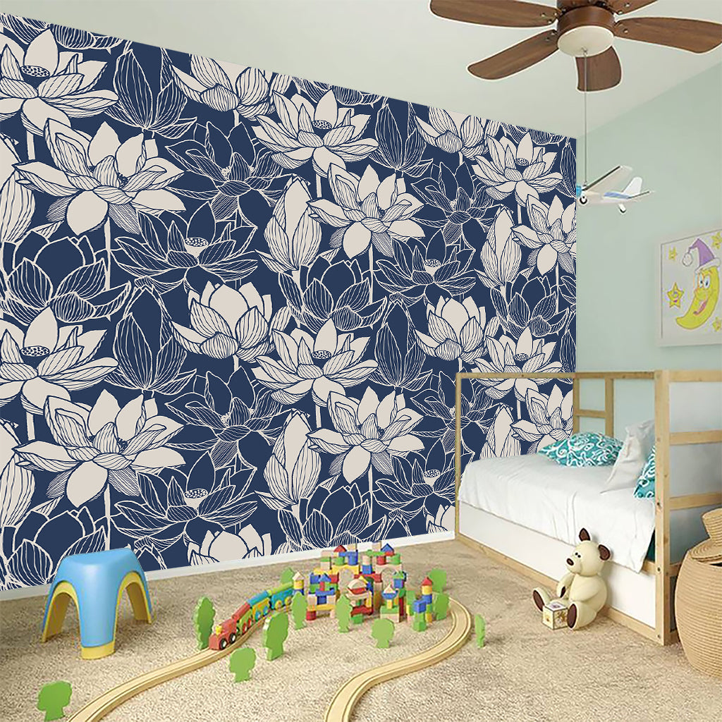 White And Blue Lotus Flower Print Wall Sticker